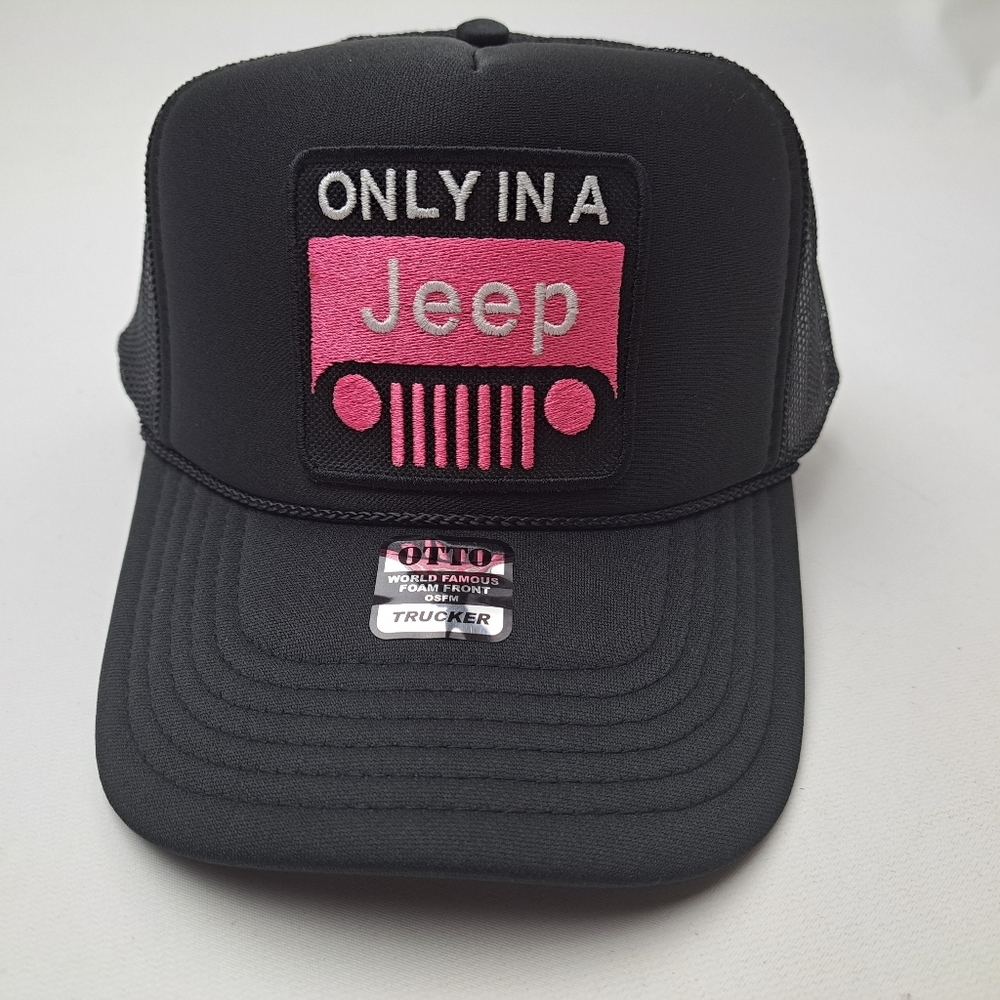 Only in a Jeep embroidered patch foam trucker mesh snapback hat black